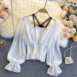 Fashion Temperament Spring Chiffon Blouse Lace Sling Stitching Blusa Slim Short Puff Sleeve Shirt C400 210507