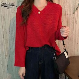 Korean Style Vintage Casual V-neck Knitted Long Sleeve Sweater Autumn All-match Solid Colour Pullover Women Jumper 11632 210427