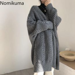Nomikuma Korean Causal Oversized Knitted Cardigan Long Sleeve V-neck Sweater Coat Autumn Winter Women Open Stictch 6C312 210427