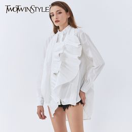 Patchwork Ruched Ruffle Shirt For Women O Neck Long Sleeve Casual Blouse Female Fashion Clothing Autumn 210524