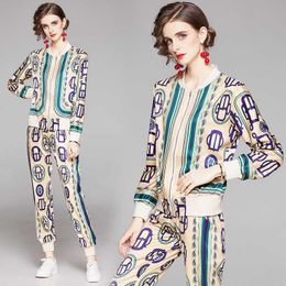 Spring Summer Fall Runway 2 Piece Womens Sets Vintage Floral Letters Print Collar Long Sleeve Top Jacket Coat Pant Suits Outfits 210930