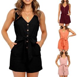Women Playsuits Sexy V Neck Sleeveless Button Sashes Cotton Playsuits Casual Slim Pocket Pink Black Short Jumpsuit Femme Rompers 210715