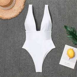 Deep V White Monokini Plunging Thong Bathing Suit Women Swimsuit Bodysuit Swim Wear Female Sex Swimwear 210702