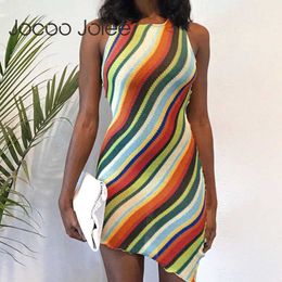 Jocoo Jolee Knit Stripped Irreglar O-Neck Off Shoulder Hit Color Sleeveless Women Summer Sexy Skinny Club Mini Dress Party 210619