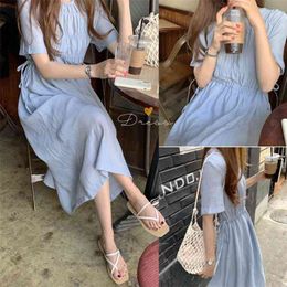 wrinkle Summer Dress Women Cotton Linen Casual short Sleeve es Female o neck Solid blue dress Boho Robe Femme 210423