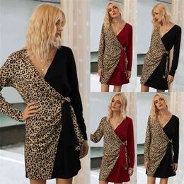 Long Sleeve V-neck Leopard Print Patchwork Dress Short Autumn Fashion Sexy Casual Pullover Uniform Plus Size 210522