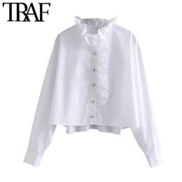 TRAF Women Vintage Sweet Jewelled Buttons Ruffles Blouses Fashion High Collar Long Sleeve Female Shirts Blusas Chic Tops 210415