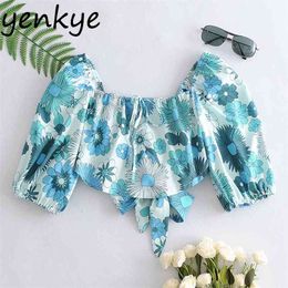 Prairie Chic Blue Floral Print Crop Top Women Sexy Backless Tie Summer s Female Square Neck Puff Sleeve Holiday Boho 210514
