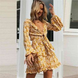 Foridol cotton long sleeve dress autumn women v neck floral print dress flower casual elegant ruffle short dress vestidos 210415