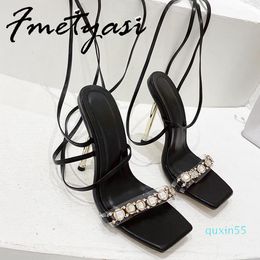 Sandals Pumps Women PVC Transparent Crystal Designer Summer Fashion Square Toe Ankle Strap Lace-up Thin High Heels Shoes Sexy