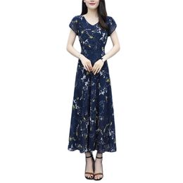 Summer dress women blue print M-5XL plus size v neck high waist slim chiffon short sleeve maxi dresses feminina LR811 210531