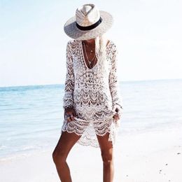 Arrivals Sexy Beach Cover up Crochet White Swimwear Dress Ladies Bathing Suit ups Tunic Saida de Praia #A33 210420