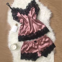 Explosive women's nightwear Simulation silk strapless cami shorts Pyjamas suit Large size solid lingerie Sexy lace Sleepwear Q0706