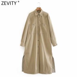 Zevity Frauen Vintage Taschen Patch Casual Lose Midi Kleid Weibliche Safari Stil Zurück Spleißen Kleidung Seite Split Vestido DS4672 210603