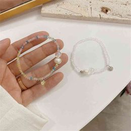 Aomu Spring Korea Retro Blue Transparent Resin Beaded Elastic Bracelet Irregular Geometric Love Lock for Women Jewelry