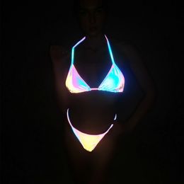 Womens Swimwear Colourful Reflective Ins Strappy Split Swimsuits Laser Bikinis Womens Fashion Trendy Swim Suits 2022 Style