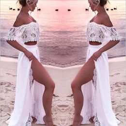 Summer Boho Wedding Dresses Bridal Gown 2022 Two Piece Side Slit Chiffon Lace Off the Shoulder Custom Made Plus Size Beach Vestidos De Novia