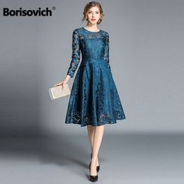 Borisovich Luxury Elegant Party Dress New Brand Autumn Fashion A-line Big Swing Hollow Out Lace Women Casual Dresses M841 210412