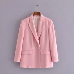 Za Elegant Spring Pink Double Breasted Blazer Women Long Sleeve Office Lady Blazers Coat Woman Flap Pockets Outerwear Top 211006
