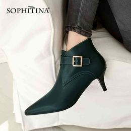 SOPHITINA Women's Heeled Ankle Boots Sexy Pointed Toe Slip on Kitten Heel Work Boots with Strap Buckle Ladies Autunm Shoes PO718 210513