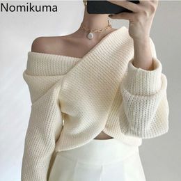 Nomikuma Cross Design Sexy Sweater Women V Neck Long Sleeve Off Shoulder Tops Pullover Jumpers Autumn Elegant Pull Femme 3c954 210514