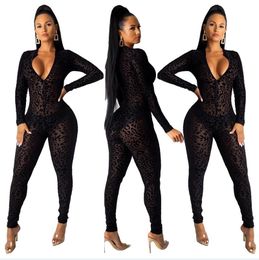 Animal Instinct Women's Jumpsuit Mesh Bodystocking Leopard See Through Velour Long Sleeve Rompers Womens Sexy Midnight Clubwear 011912