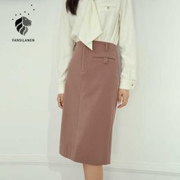 FANSILANEN Leopard print wool blend long skirt Women autumn winter elegant high waist Female office pink a-line 210607