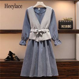 Plus size 2019 autumn women office ladies two piece suits vintage chiffon dress and suede vest outfits elegant 2 piece set Y1006