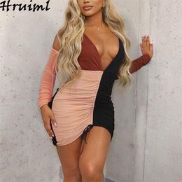 Drawstring Dresses Women Color Matching Skinny Fashion Clothing Deep V Neck Sexy Night Club Patchwork Kobieta Sukienka 210513