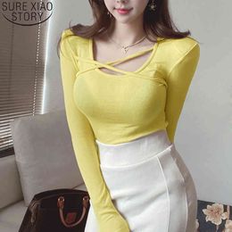 Cotton Shirt Korean Sexy T-shirts Strap Round Neck Female Long Sleeve Bottoming T-shirt Show Chest Figure Women Tops 12177 210417