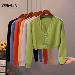 ITOOLIN Cardigan For Women Knitted Sweater V-neck Long Sleeve Crop Tops Female Button Up Cardigans Cropped Clothing 211011