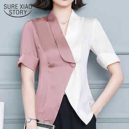 Summer Plus Size Button Ladies Tops Short Sleeve Silk Satin Shirts Office Elegant Solid V Neck Women Blouse 10095 210415