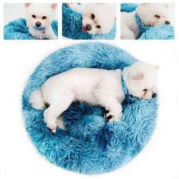 Pet Dog Bed Long Plush Round Soft Fluffy Cat Cushion Mat Anti-Slip Warm For Small Medium Large s House 210924