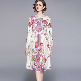 High Quality spring summer fashion women Long Sleeve O neck Casual Dres Vintage Print Vestidos 210531