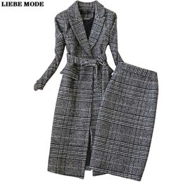 Autumn Winter Women's Wool Plaid Business Suits Long Trench Coat with Knee Length Skirts Suit Korean Formal Work Wear Outfits 220221