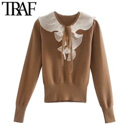 TRAF Women Sweet Fashion Patchwork Ruffled Knitted Sweater Vintage Tied O Neck Long Sleeve Female Pullovers Chic Tops 210415