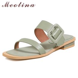 Meotina Slippers Shoes Women Genuine Leather Sandals Narrow Band Med Heel Slides Square Toe Ladies Footwear Summer Green Fashion 210608