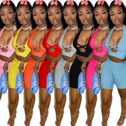 Summer Women Tracksuits Solid Color Two Pieces Shorts Set Outfits Sexy Cross Cut Tops Short Pants Jogger Suits Ladies Casual Clothing DHL
