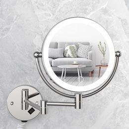 New 8 Inch LED Makeup with Light Retractable Enlarged Double-sided Rotating Round Wall Bathroom Shaving Mirror