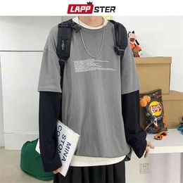 LAPPSTER Men Patchwork Tshirts Long Sleeve Autumn Mens Harajuku Fake Two Pieces Tshirt Korean Fashions Tops Tees Plus Size 210409