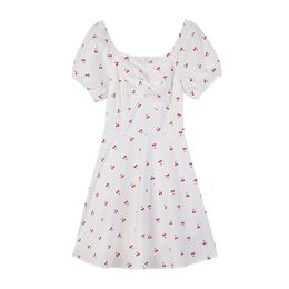 Women Cherry Print White Slash Neck Short Sleeve A Line Mini Dress Summer Beach Female Puff D1906 210514