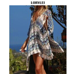 Sexy Striped Lace Up Deep V-Neck Batwing Sleeve Side Split Boho Summer Beach Dress Soft Cotton Tunic Swimsuit Cover N776 Sarongs