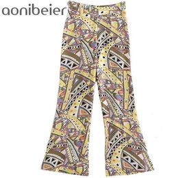 Geometric Print Summer Lightweight Women Long Trousers Side Zipper High Waist Casual Flare Pants Female Bottoms 210604