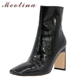 Women Mid-Calf Boots Shoes Genuine Leather Super High Heel Square Toe Chunky Heels Zip Short Lady Black 40 210517