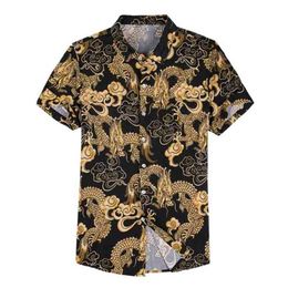 Chinese Cardigan Style Black White Print Dragon With Silk Men'S Short Sleeves Hawaiian Shirts For Summer Oversize Clothes 210626