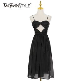 Hollow Out Ruffle Sling Dress For Women Square Collar Sleeveless High Waist Bowknot Black Dresses Female Fashion 210520