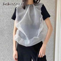 Casual Loose Patchwork Mesh T Shirt O Neck Short Sleeve Hit Colour Ruched T-Shirts For Female Fashion Clothes 210524