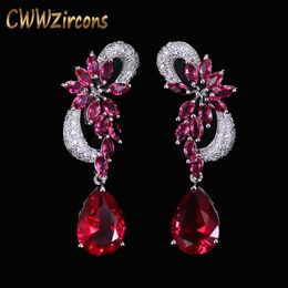 Elegant Cubic Zirconia Pave Bridal Long Red Crystal Stones Earrings for Wedding Costume Jewellery CZ233 210714