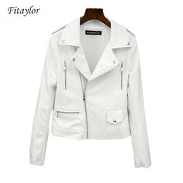 Fitaylor Spring Autumn Women Biker Leather Jacket Soft PU Punk Outwear Casual Motor Faux Leather White Jacket 211007