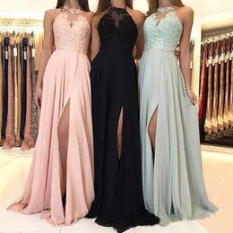 Cheap 2021 Elegant Halter Chiffon Long Bridesmaid Dresses Lace Applique Split Wedding Guest Dress Maid Of Honour Dresses